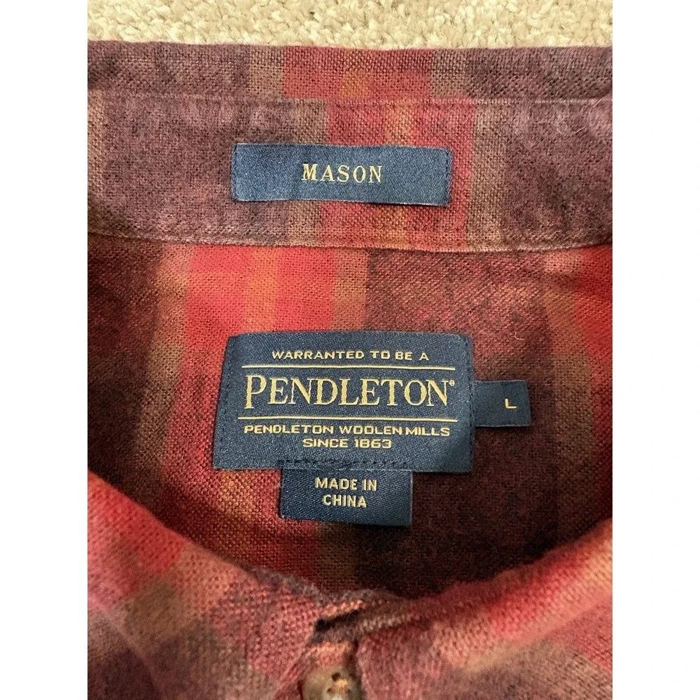 Pendleton Mason Flannel Shirt Mens L Red Burgundy Plaid Excellent Cotton‎ Button